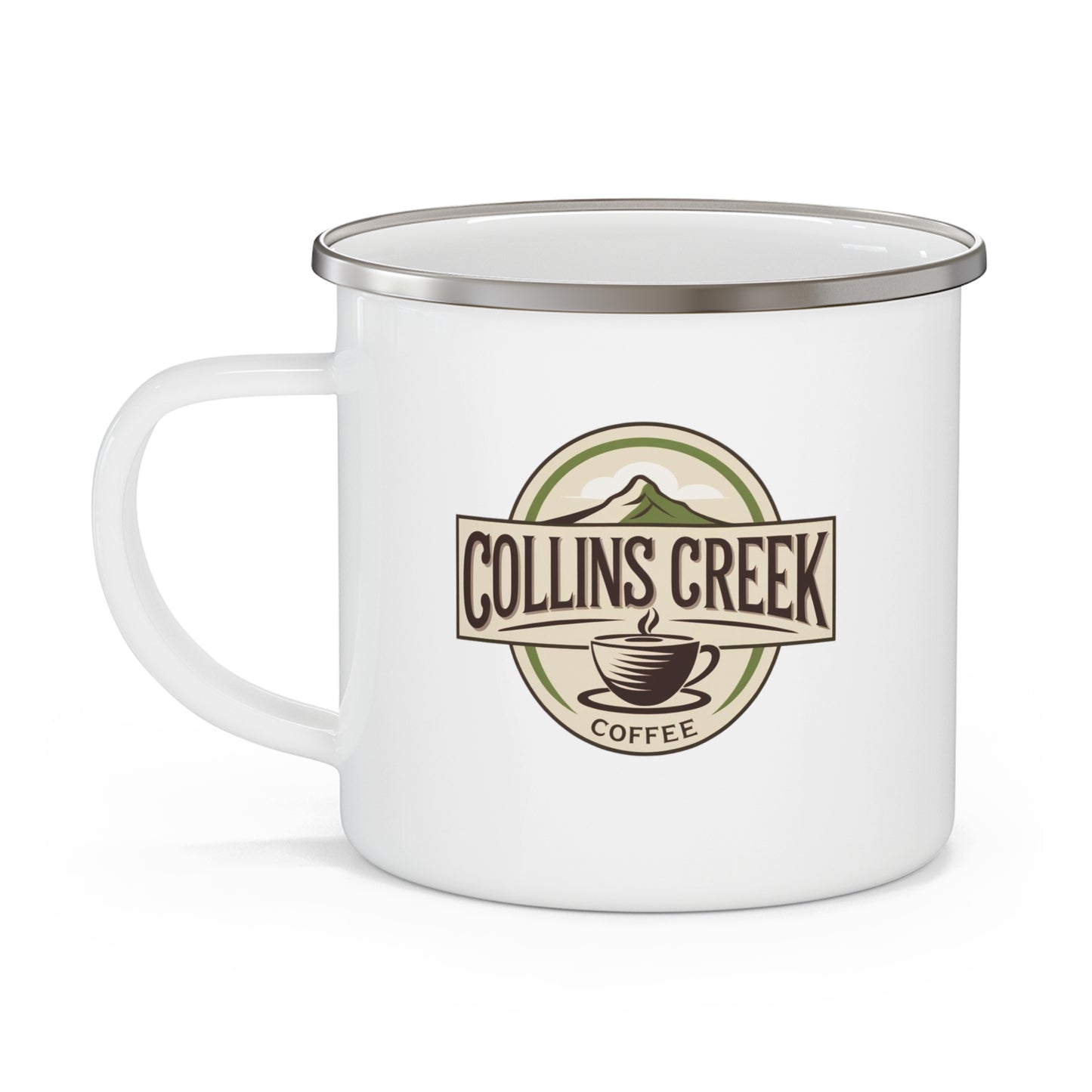 The Logo - Collins Creek Coffee Enamel Mug | Outdoor Adventure Coffee Cup, Rustic Travel Mug for Nature Lovers, Glamping Essentials, Gift for Campers