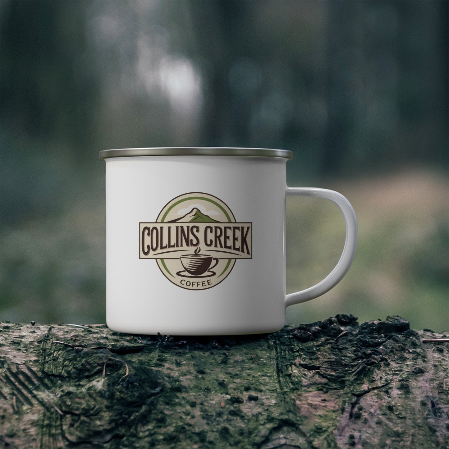 The Logo - Collins Creek Coffee Enamel Mug | Outdoor Adventure Coffee Cup, Rustic Travel Mug for Nature Lovers, Glamping Essentials, Gift for Campers